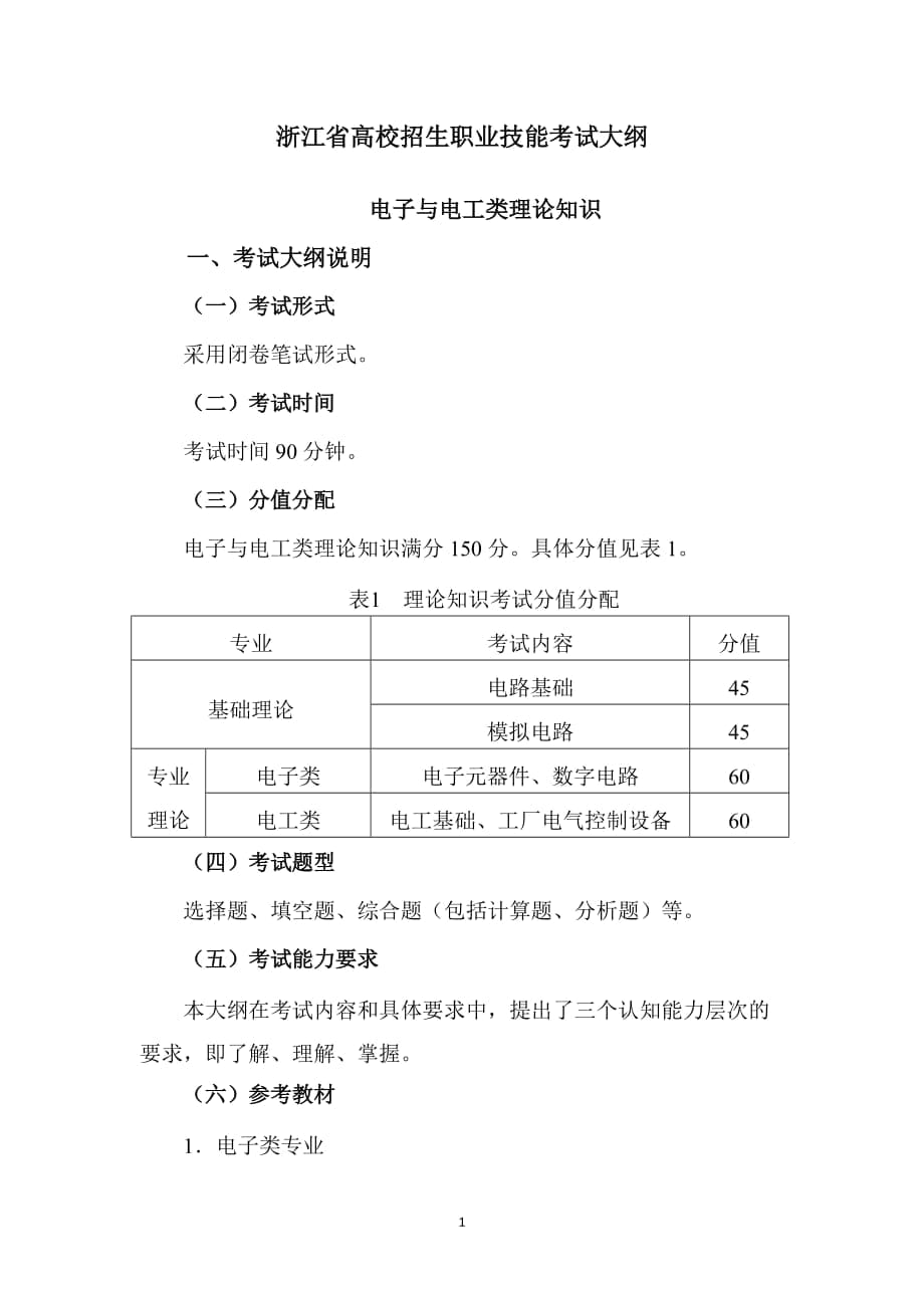 浙江省高校招生職業(yè)技能考試大綱-電子與電工類_第1頁