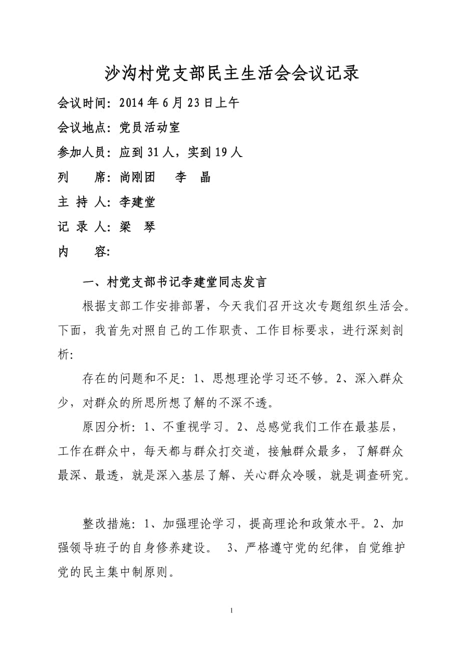 沙溝村黨支部民主生活會會議記錄_第1頁