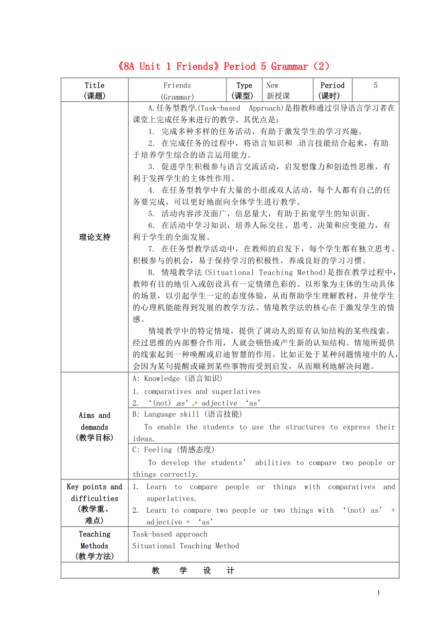 江蘇省海安縣大公初級中學(xué)八年級英語上冊《8A Unit 1 Friends》Period 5 Grammar（2）教案 牛津版_第1頁