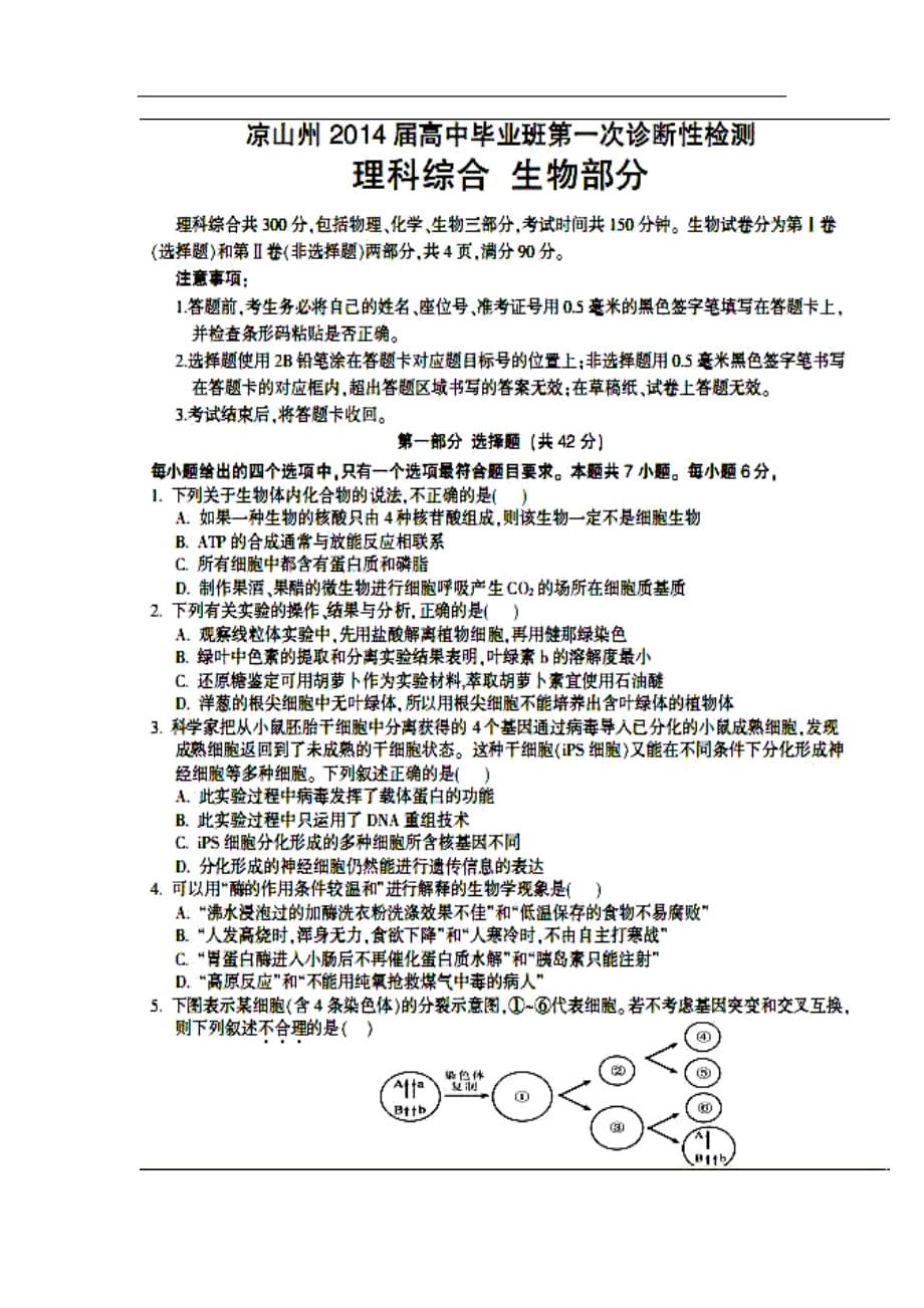 四川省涼山州高三12月第一次診斷性檢測生物試題及答案_第1頁