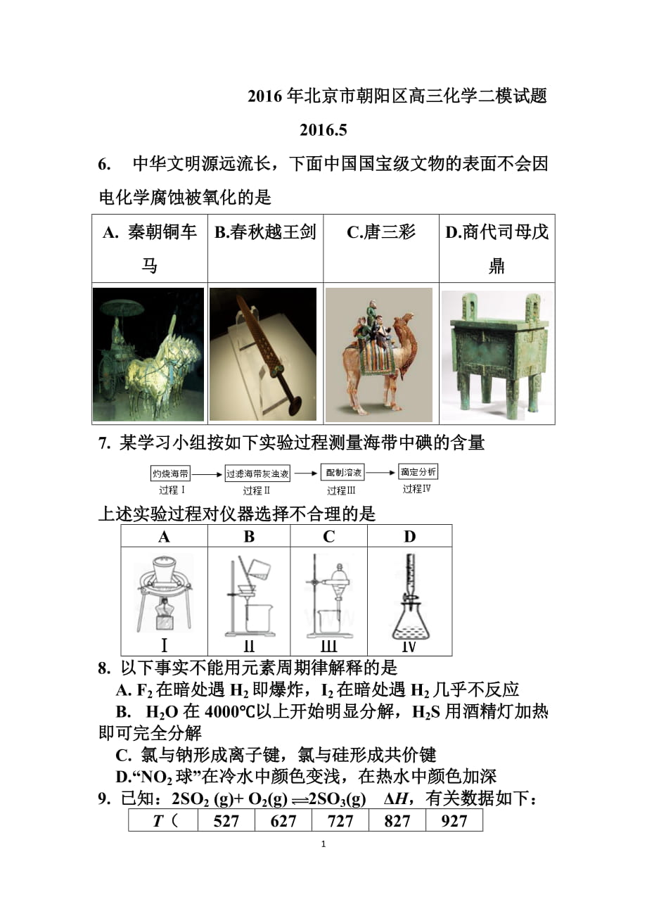 北京市朝陽區(qū)高三第二學(xué)期第二次綜合練習(xí)化學(xué) 試題及答案_第1頁