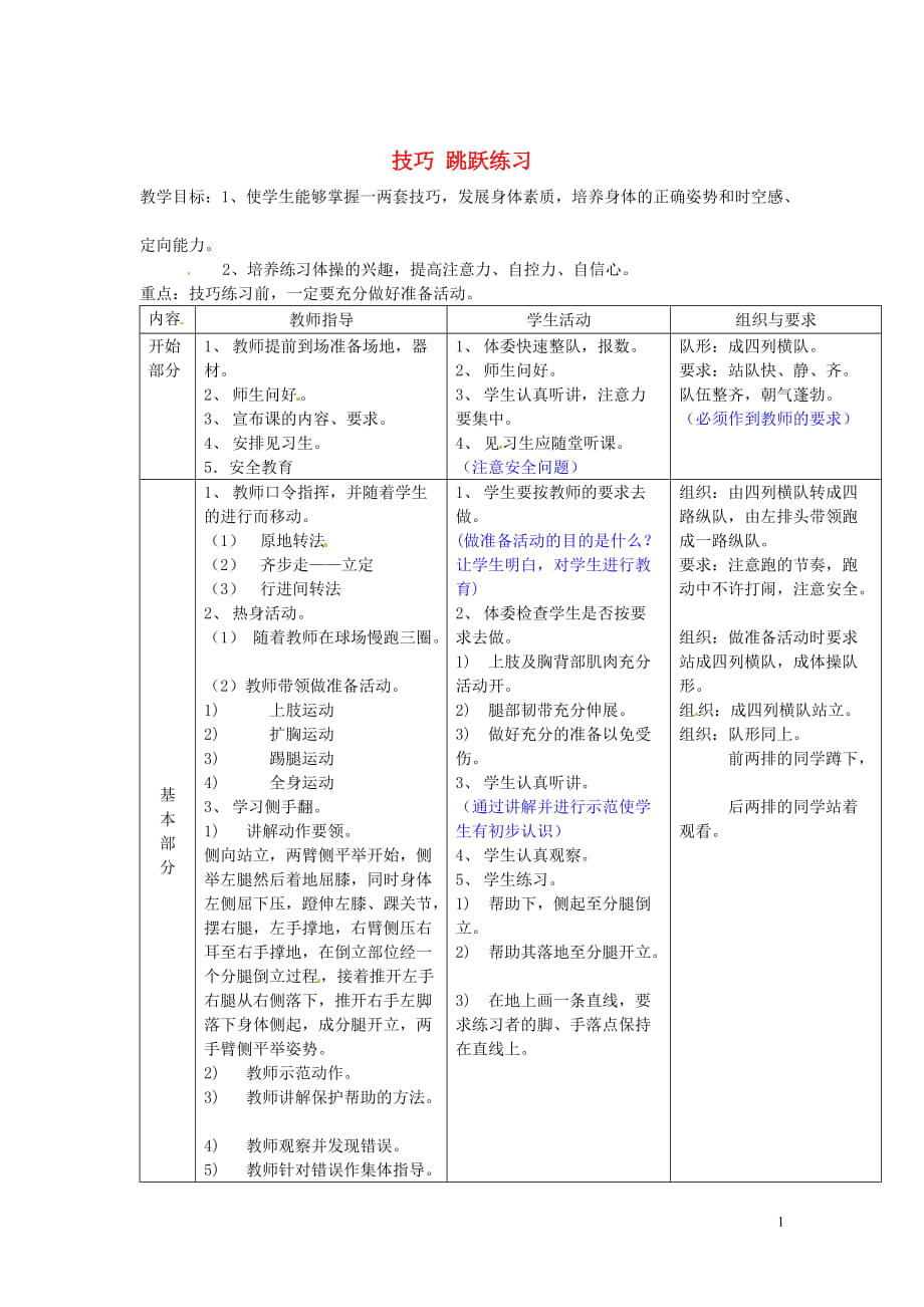 初中體育 第一課《技巧 跳躍練習》教案_第1頁