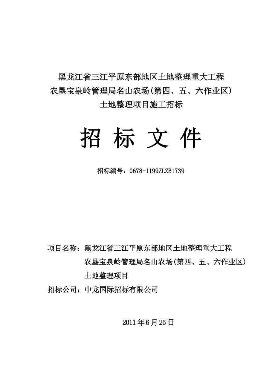 黑龙江省三江平原东部地区土地整理重大工程农垦宝泉岭管理局名山农场土地整理项目施工招标文件_第1页