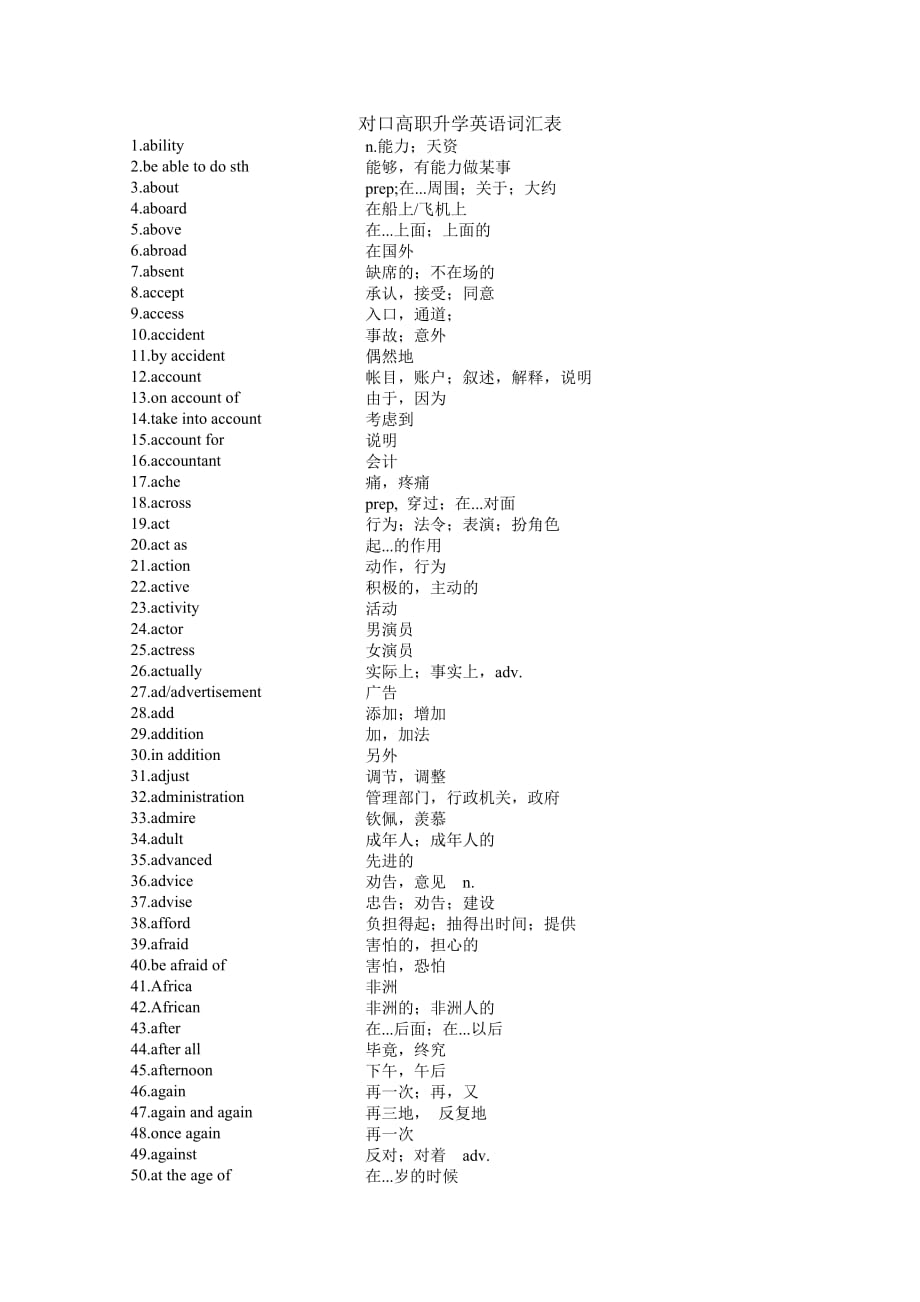 [英語(yǔ)學(xué)習(xí)]對(duì)口高職升學(xué)英語(yǔ)詞匯表_第1頁(yè)