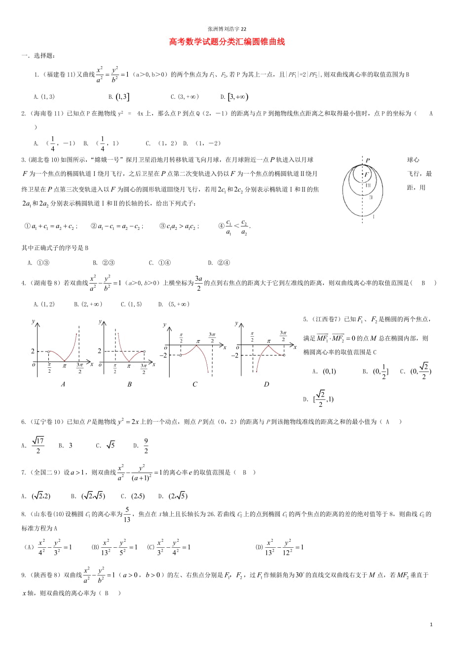 浙江省磐安县高考数学试题分类专题汇编圆锥曲线新人教A版_第1页