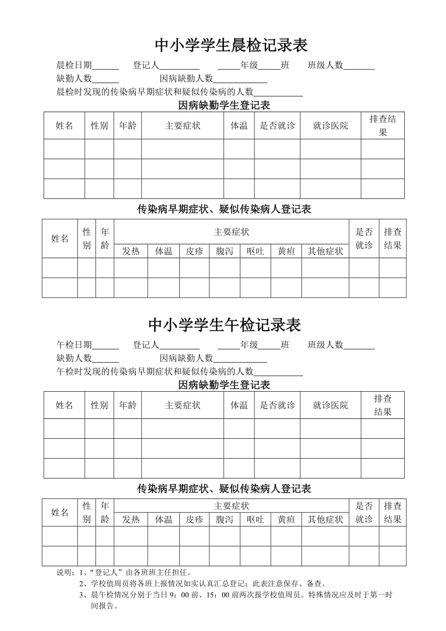 中小学学生晨检午检情况记录表登记表（样表）适合季中小学校安全检查_第1页