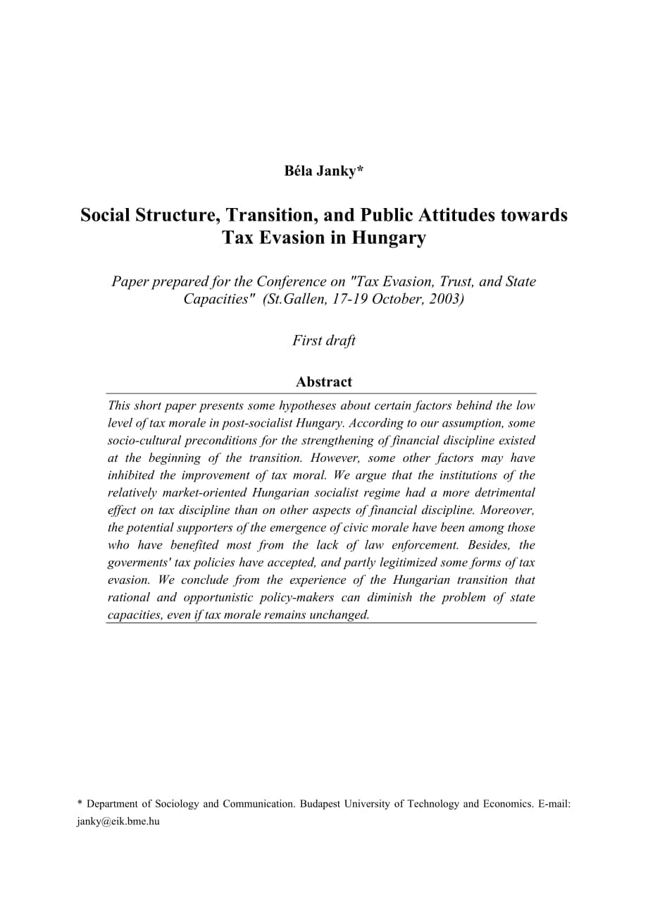 Social Structure, Transition and Public Attitudes towards Tax Evasion in Hungary_第1页
