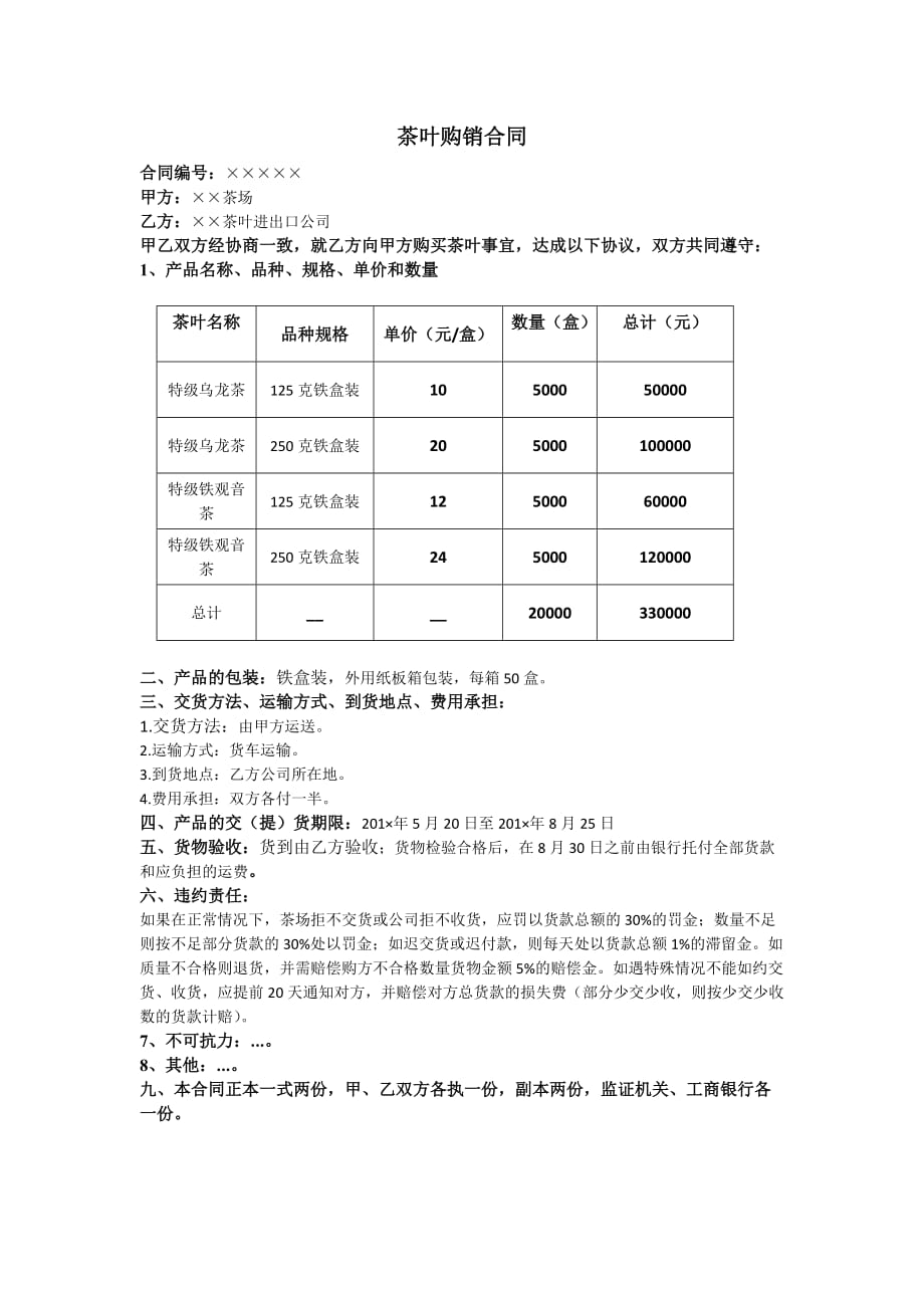 茶叶购销合同模板简单图片