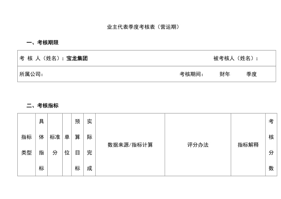 宝龙集团酒店业主代表季度考核表（营运期）_第1页