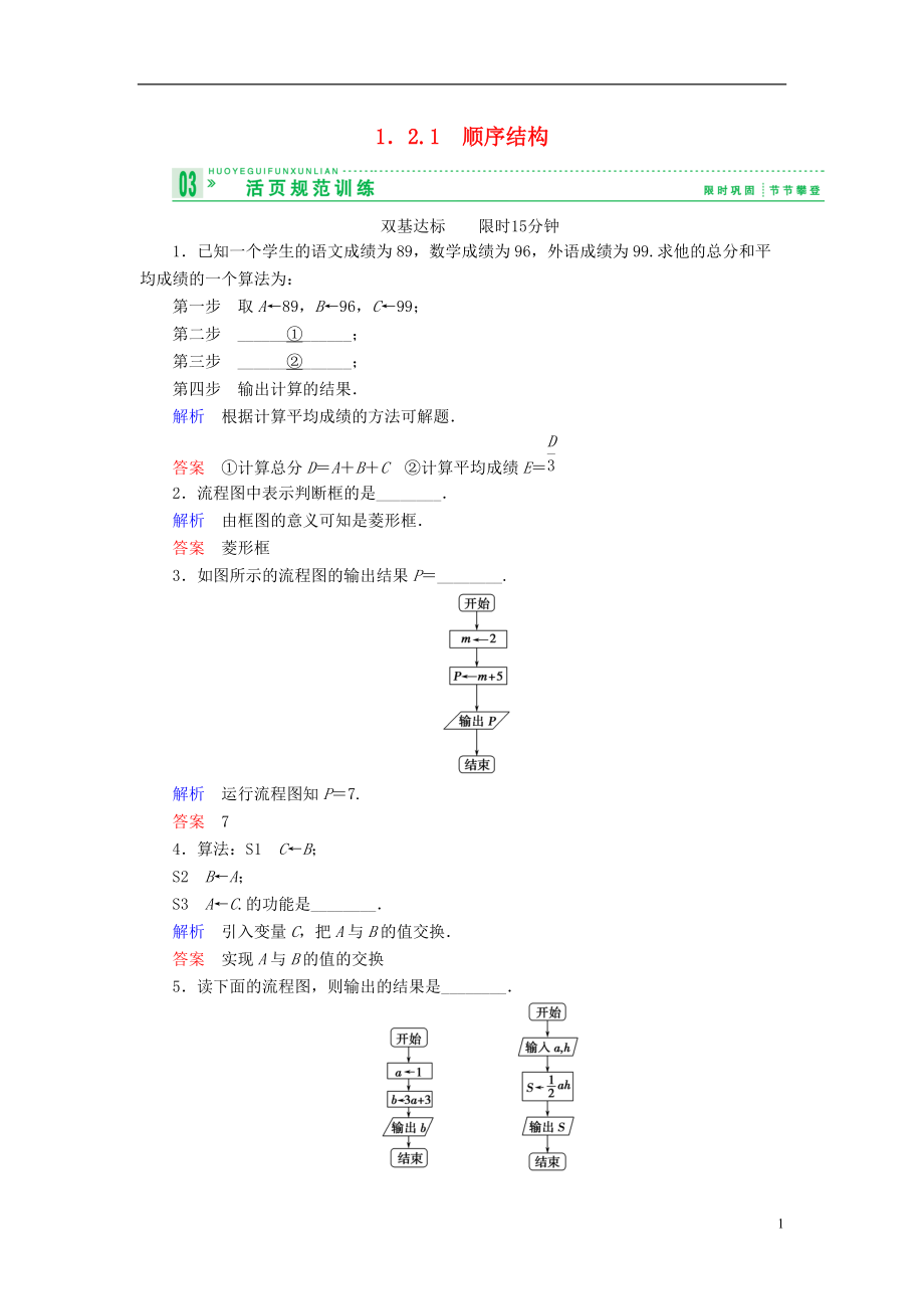 【创新设计】高中数学 121顺序结构试题 苏教版必修3_第1页