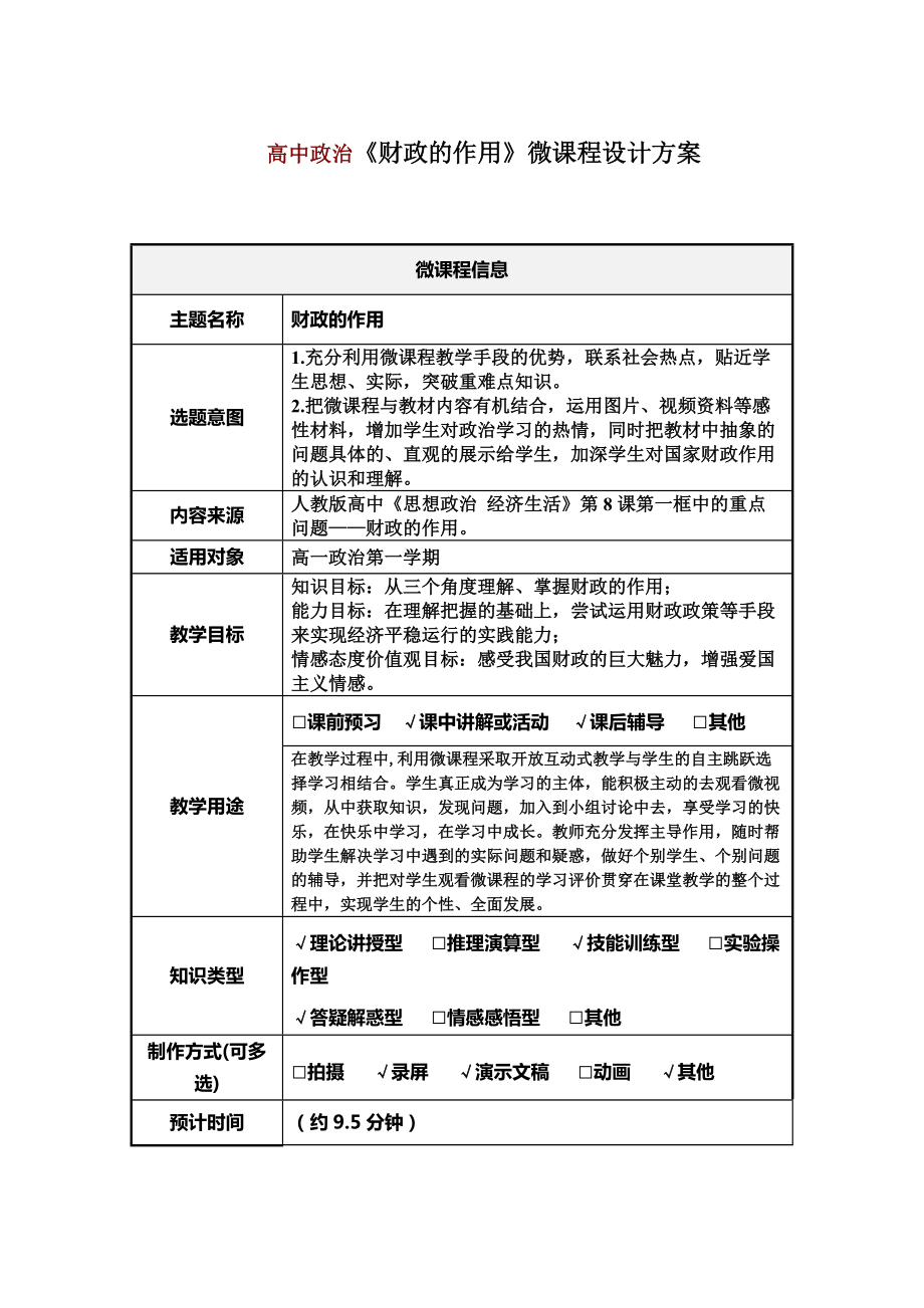 高中政治《財(cái)政的作用》微課程設(shè)計(jì)方案_第1頁