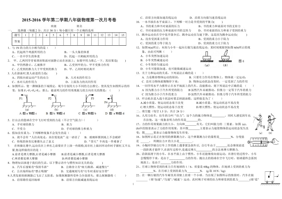 2015-2016学年第二学期八年级物理第一次月考卷张瑞莲_第1页