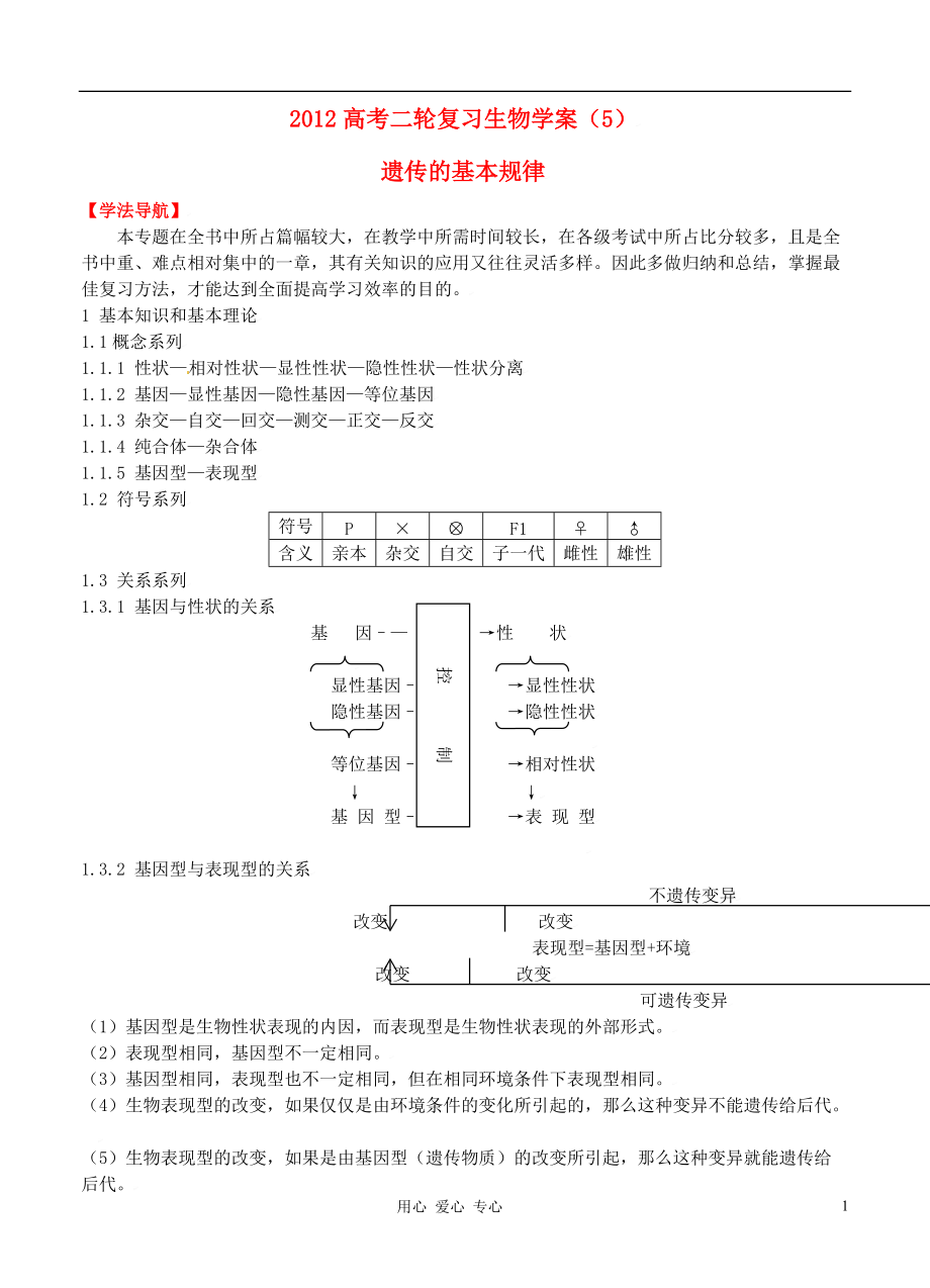 2012高考生物二輪復習 遺傳的基本規(guī)律學案_第1頁