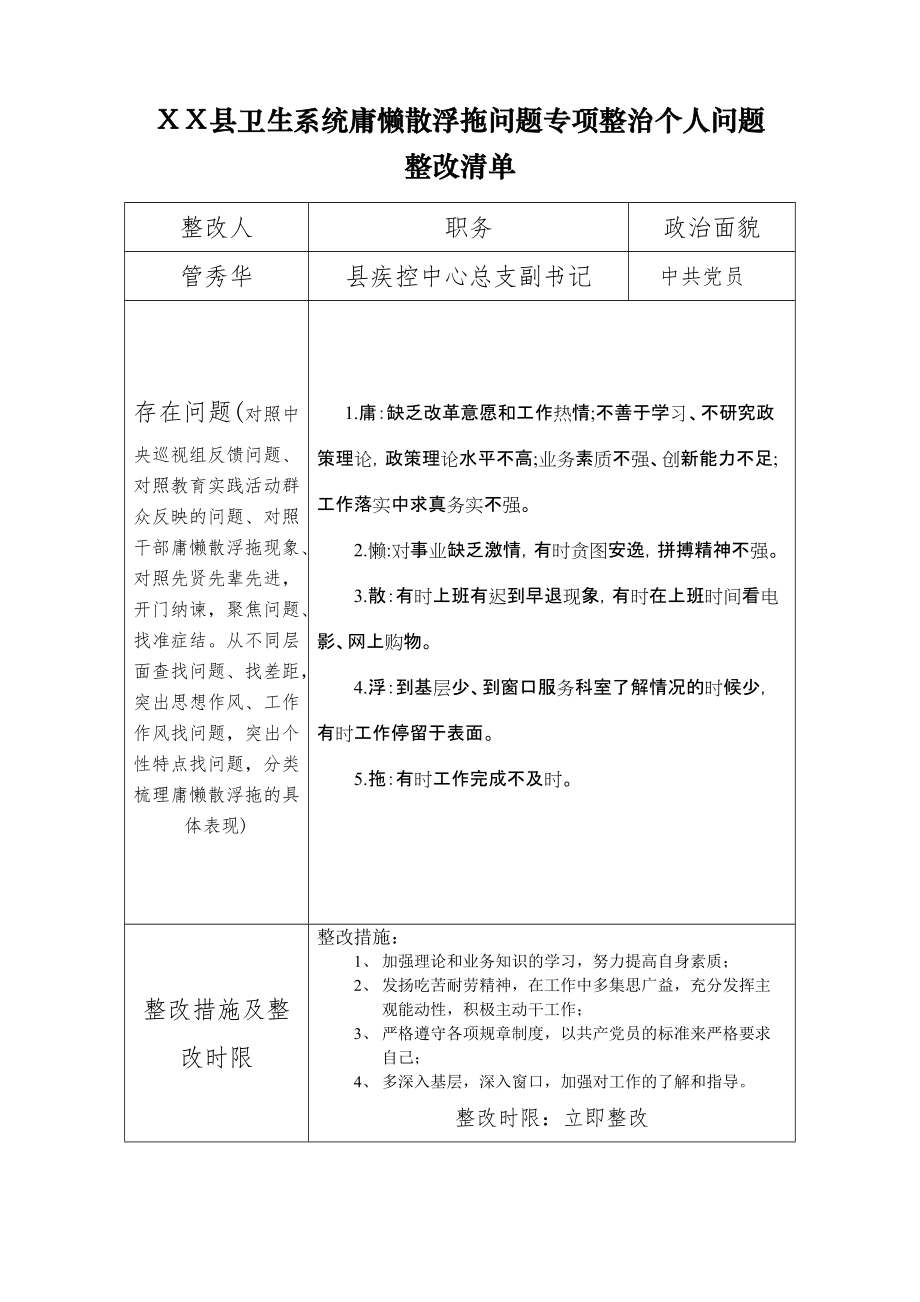 卫生系统庸懒散浮拖问题专项整治个人问题 整改清单_第1页