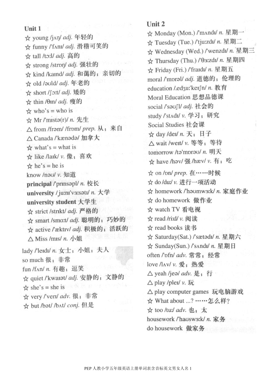 PEP人教版五年級英語上冊單詞表_第1頁