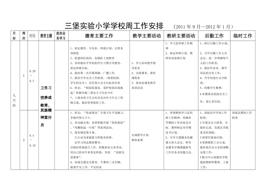 三堡实验小学学校周工作安排(9月1月)_第1页