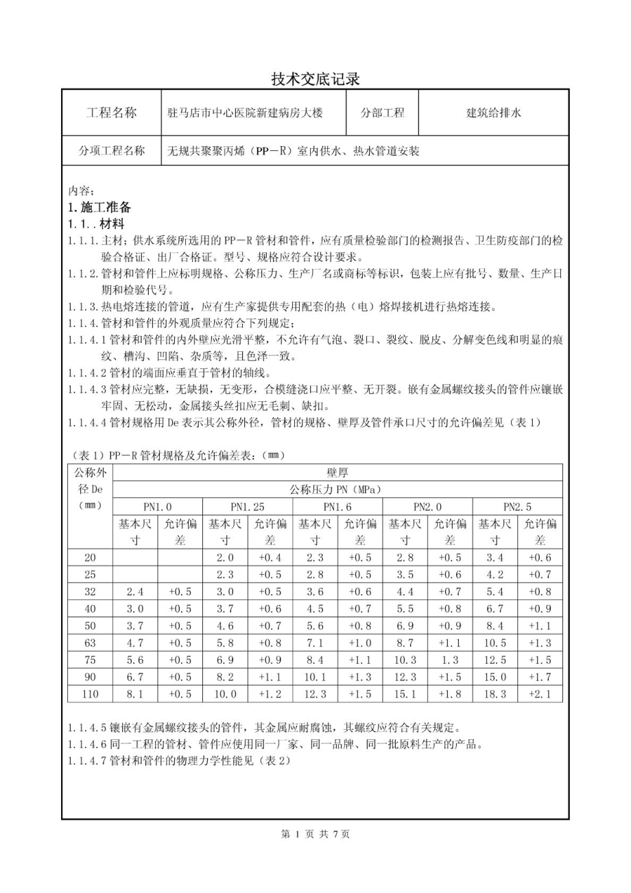 室内PPR给水管道安装技术交底_第1页