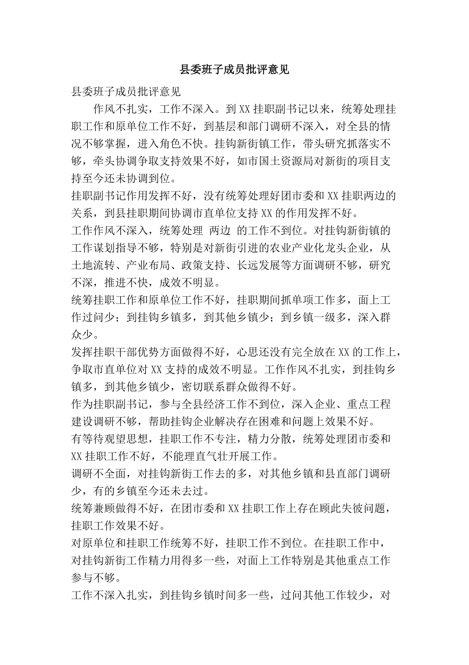 县委班子成员批评意见(精简篇）_第1页