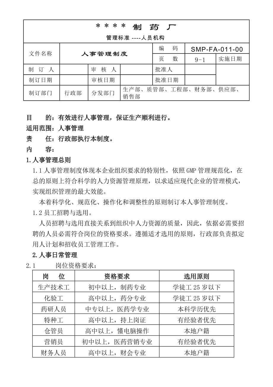 制药厂人事管理制度有效进行人事管理保障生产顺利进行_第1页