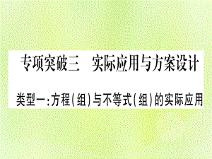 2019版中考數(shù)學(xué)總復(fù)習(xí) 第二輪 專項(xiàng)突破3 實(shí)際應(yīng)用與方案設(shè)計(jì) 類型1 方程與不等式的實(shí)際應(yīng)用實(shí)用課件