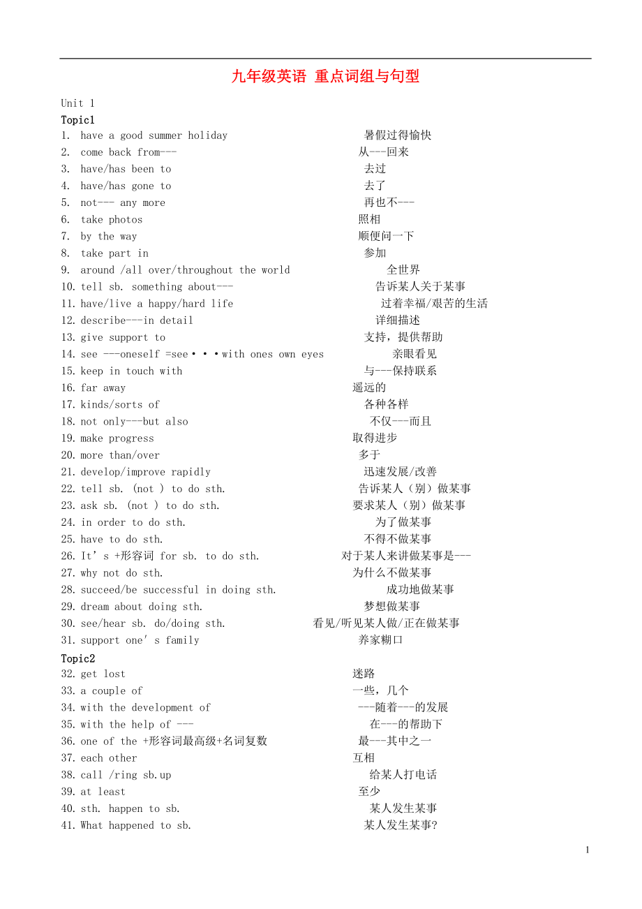 九年级英语上册重点词组与句型素材仁爱版_第1页