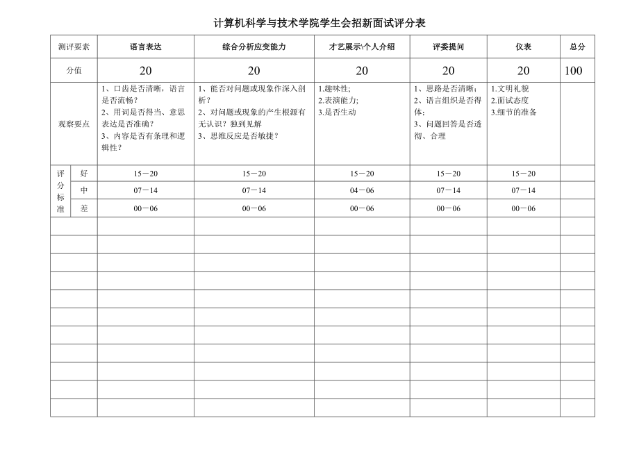 学生会面试评分表模板图片