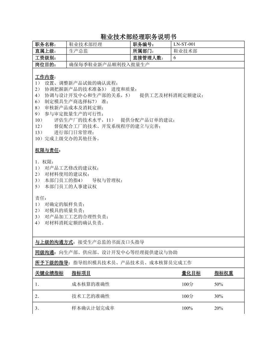 体育用品行业鞋业技术部经理岗位说明书_第1页