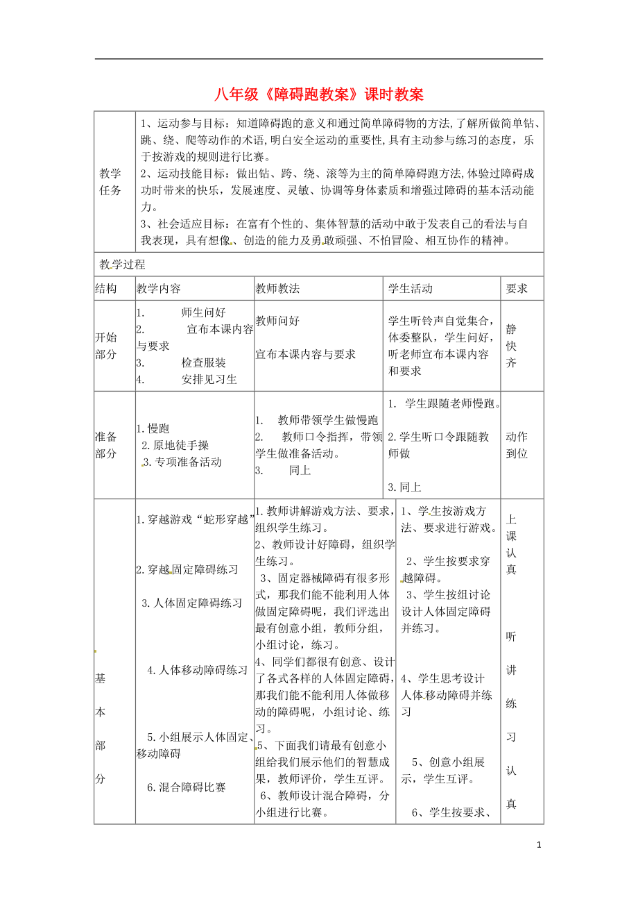 甘肅省民勤縣第五中學(xué)九年級體育 障礙跑教案_第1頁