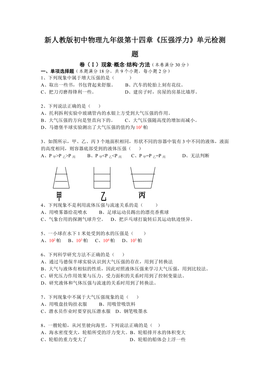 新人教版初中物理九年級第十四章《壓強浮力》單元檢測題_第1頁