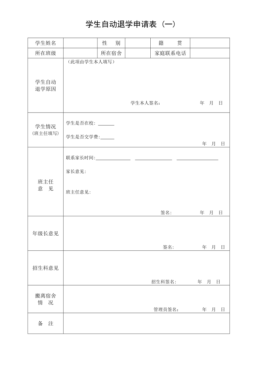 学生自动退学申请表