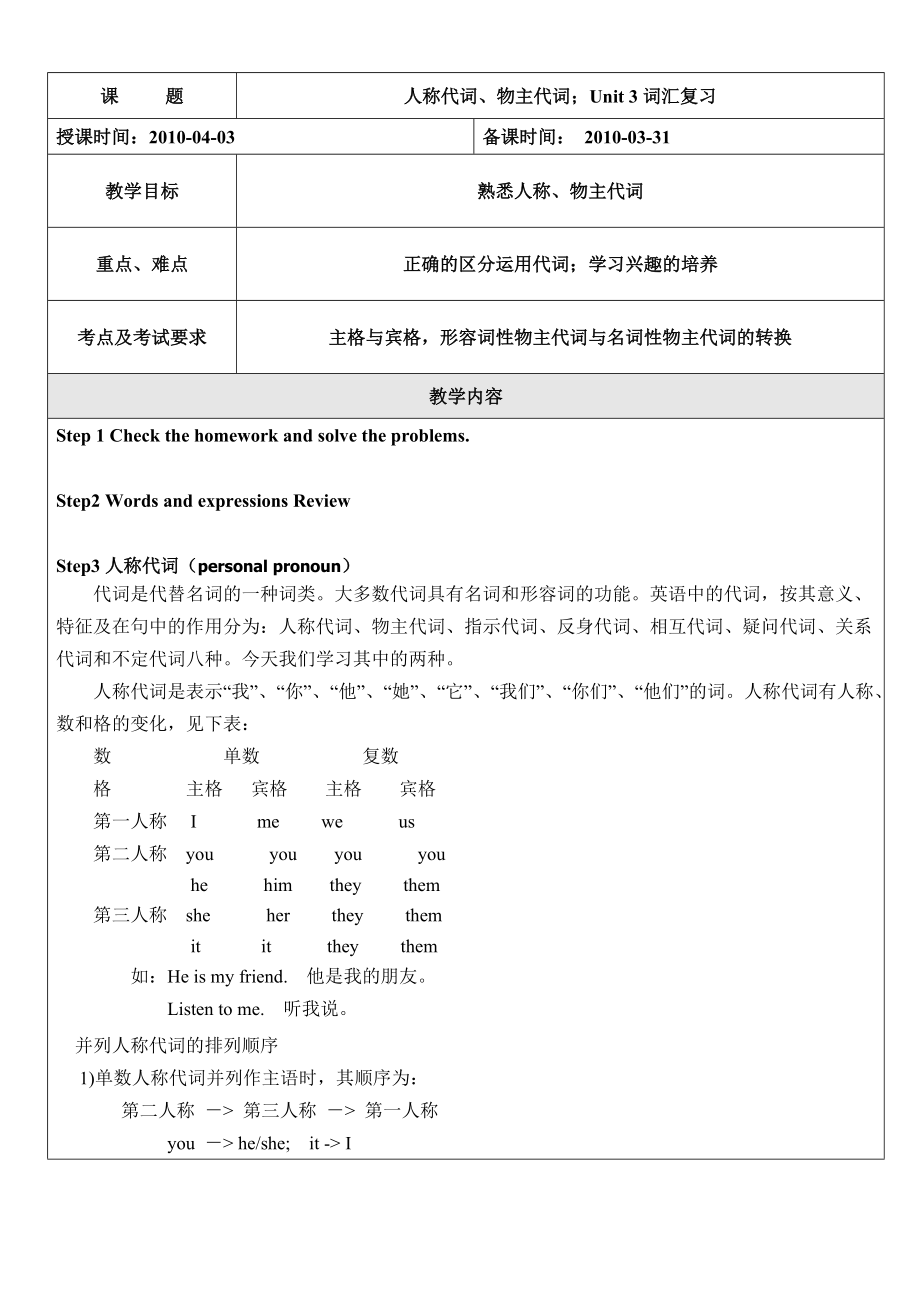 初二英語 人稱代詞、物主代詞；Unit 3詞匯復(fù)習(xí)_第1頁