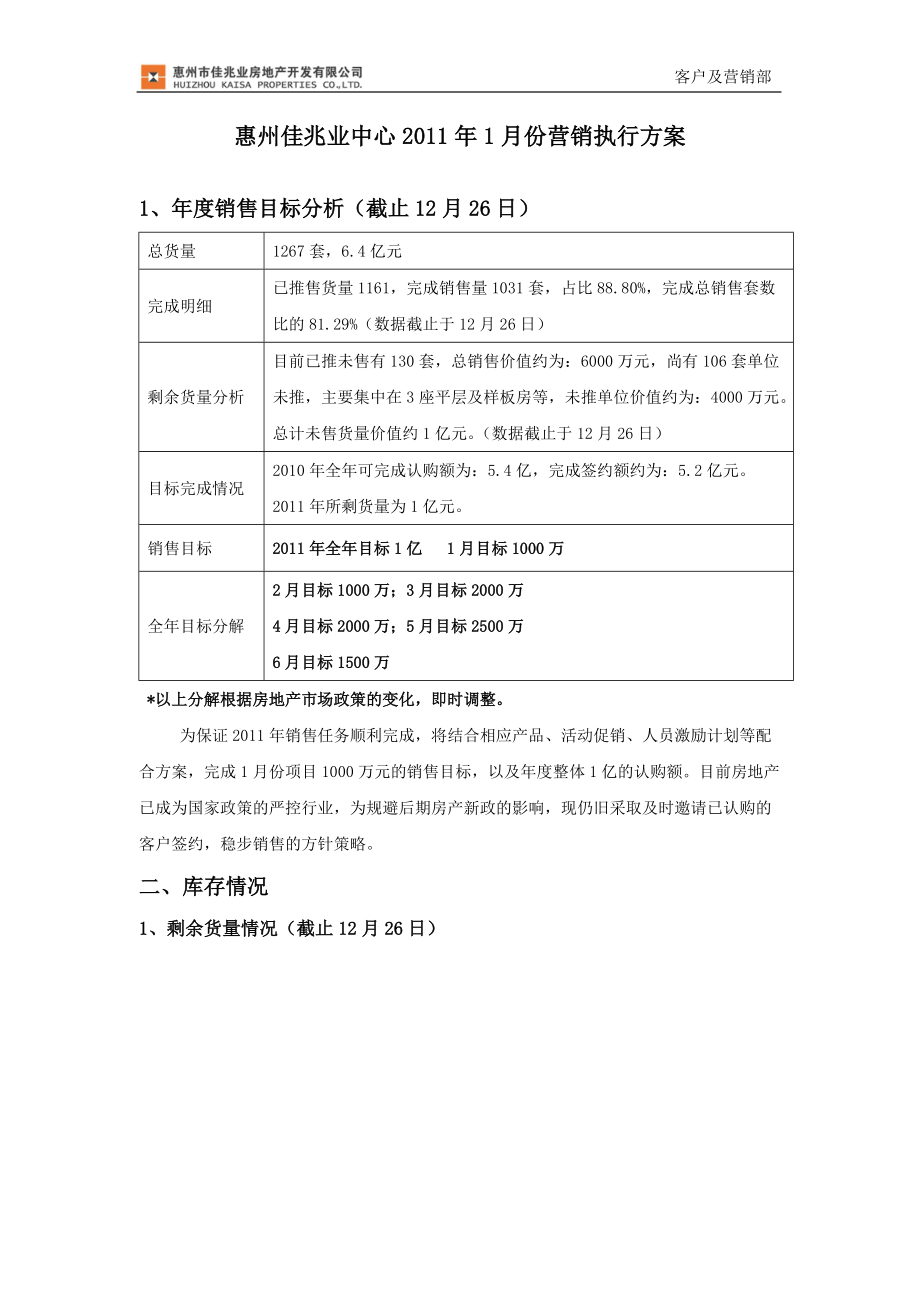 广东惠州佳兆业中心1月份营销执行方案_第1页