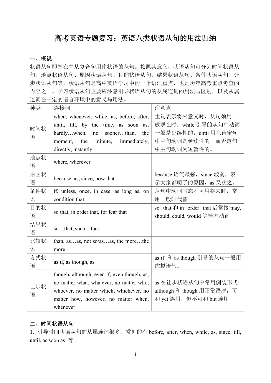 高考英语专题复习：英语八类状语从句的用法归纳_第1页