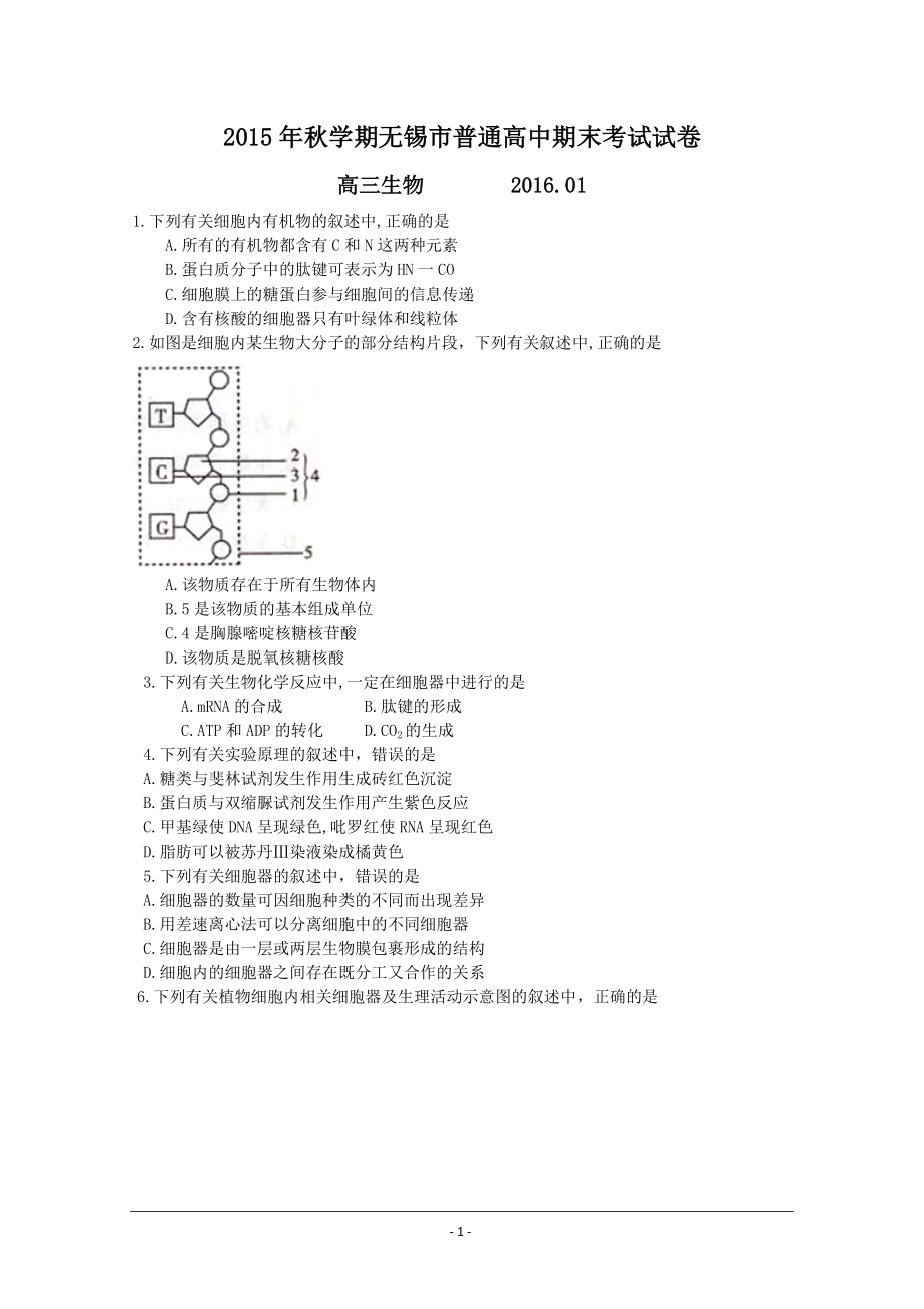 江蘇省無錫市高三上學(xué)期期末考試 生物試卷及答案_第1頁