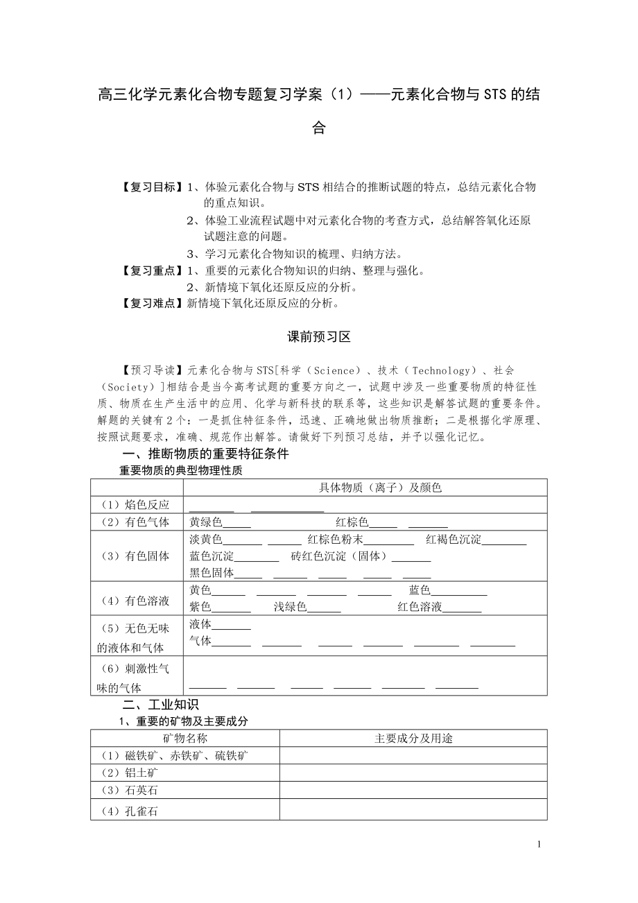 苏教版高三化学元素化合物专题复习学案（1）——元素化合物与STS的结合_第1页