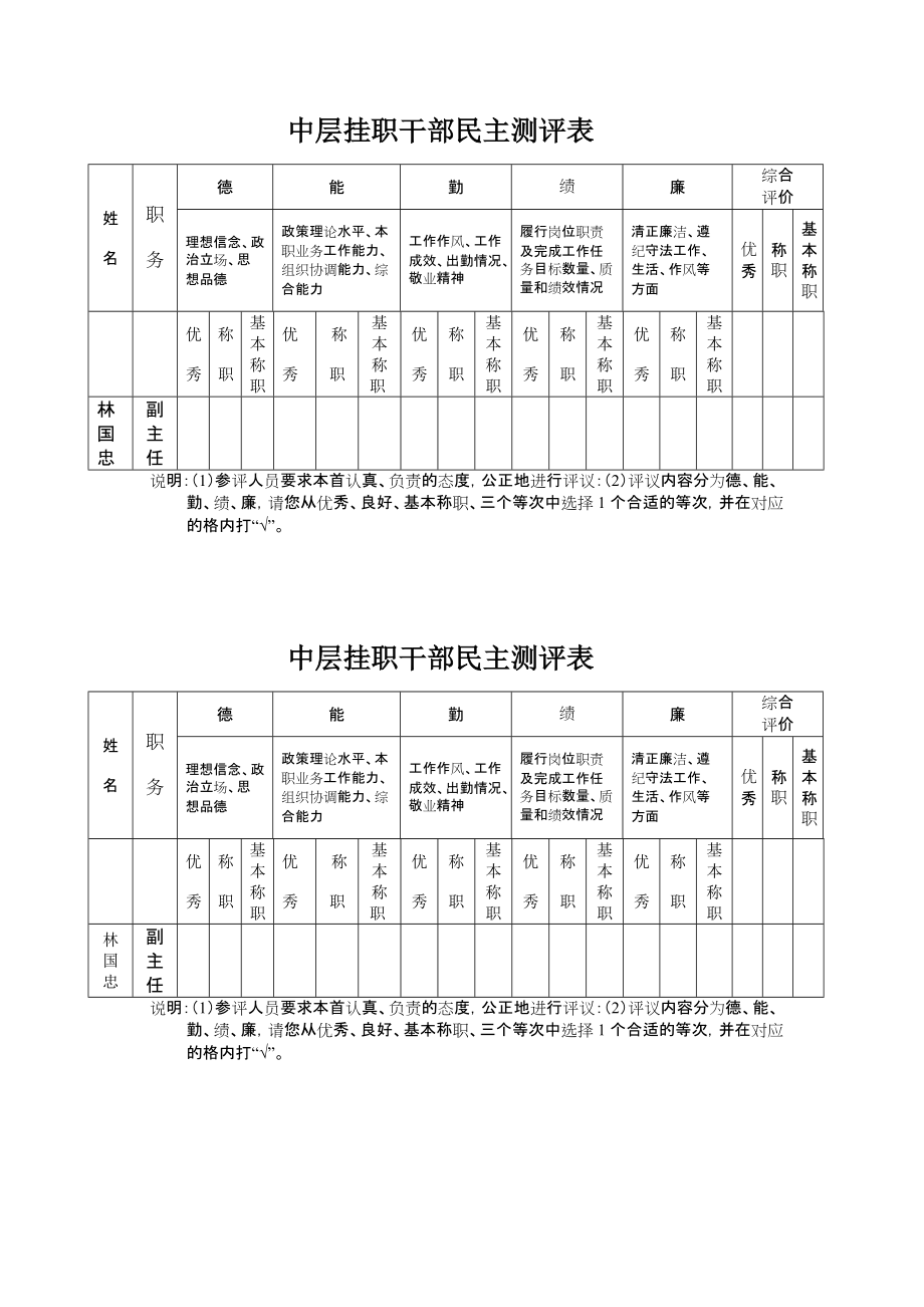 中层干部民主测评表