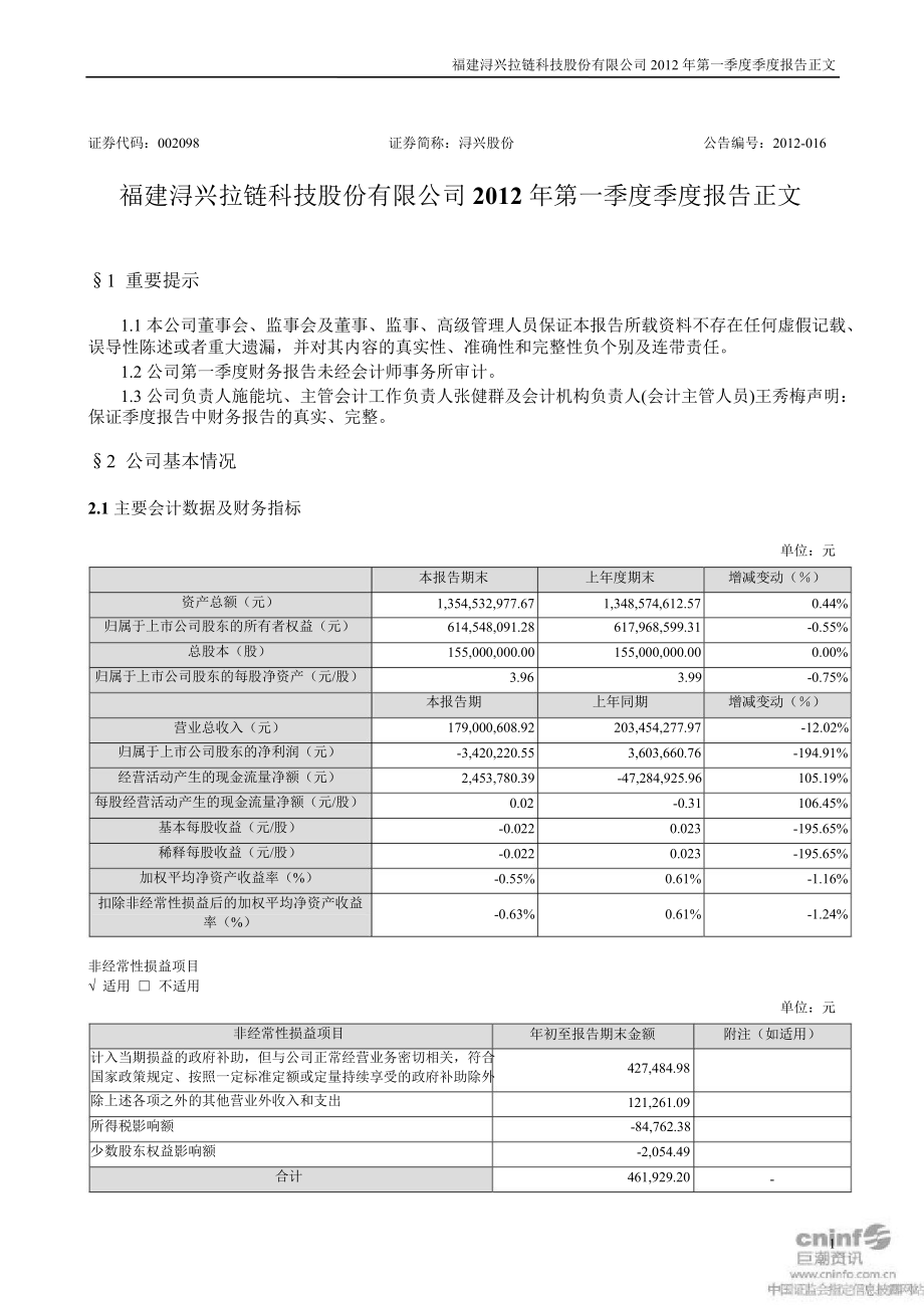 浔兴股份：第一季度报告正文_第1页