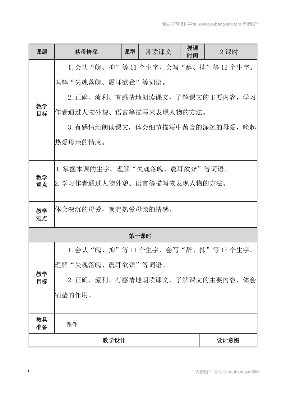 部編語文五上慈母情深 教案教案_第1頁(yè)