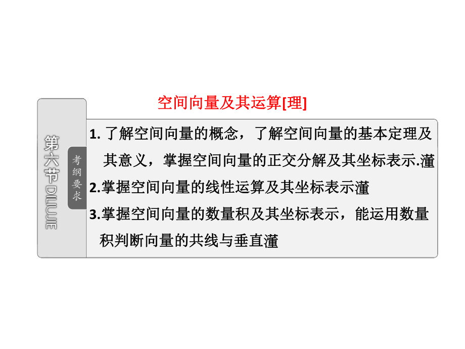 高考数学（文理）配套资料（课件+课时作业）第七章第六节空间向量及其运算[理]_第1页