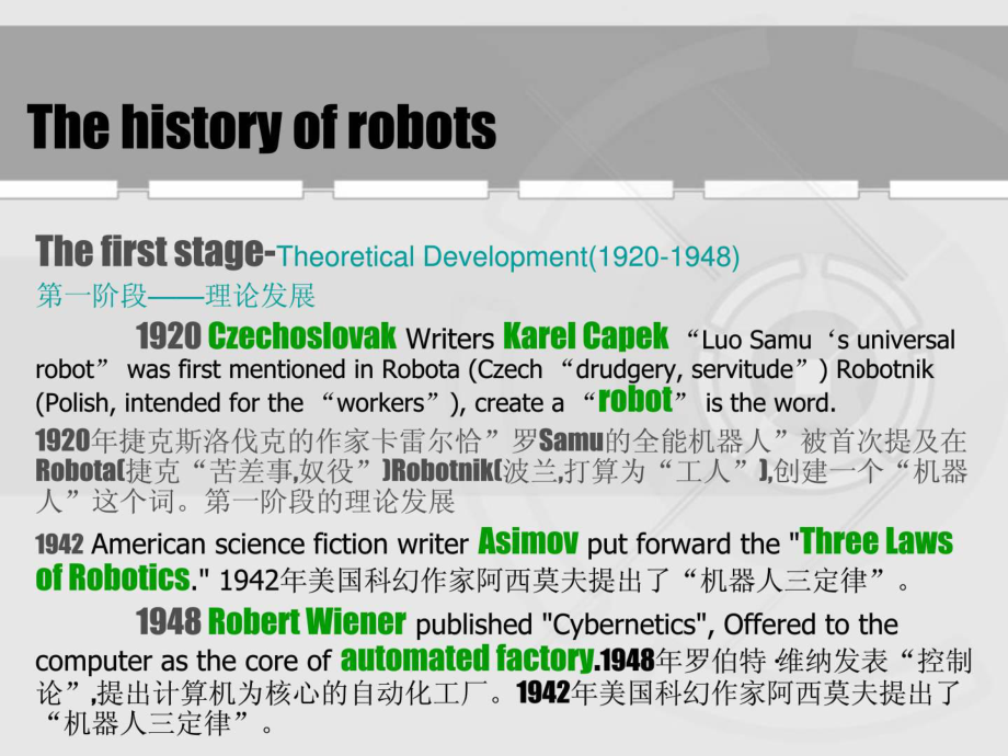 英语演讲ppt机器人发展史中英对照