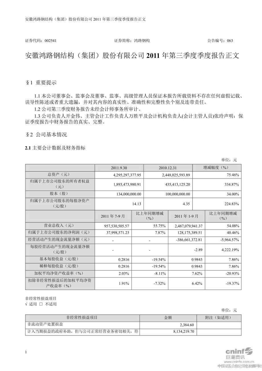 鸿路钢构：第三季度报告正文_第1页