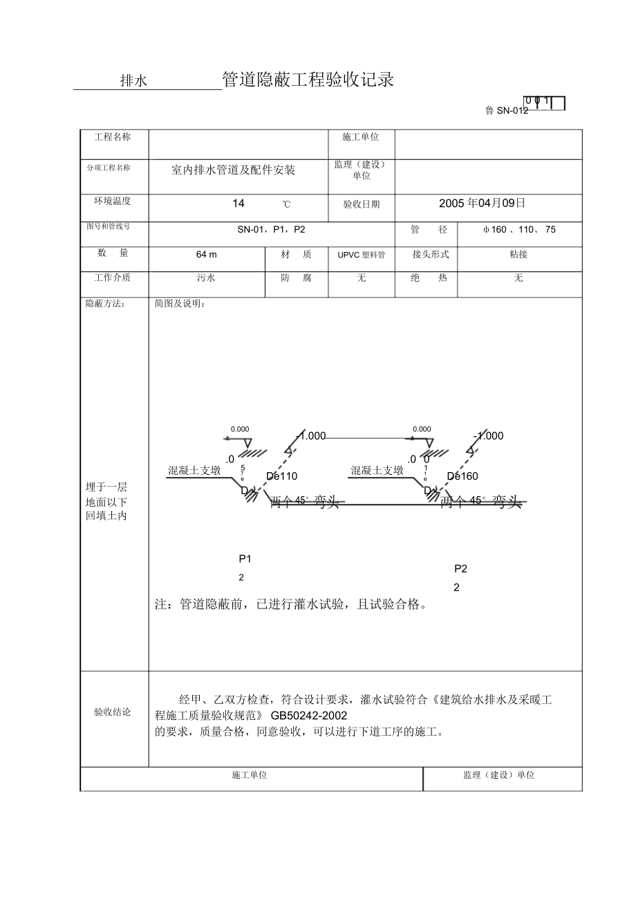 室内给水管道隐蔽工程验收记录表