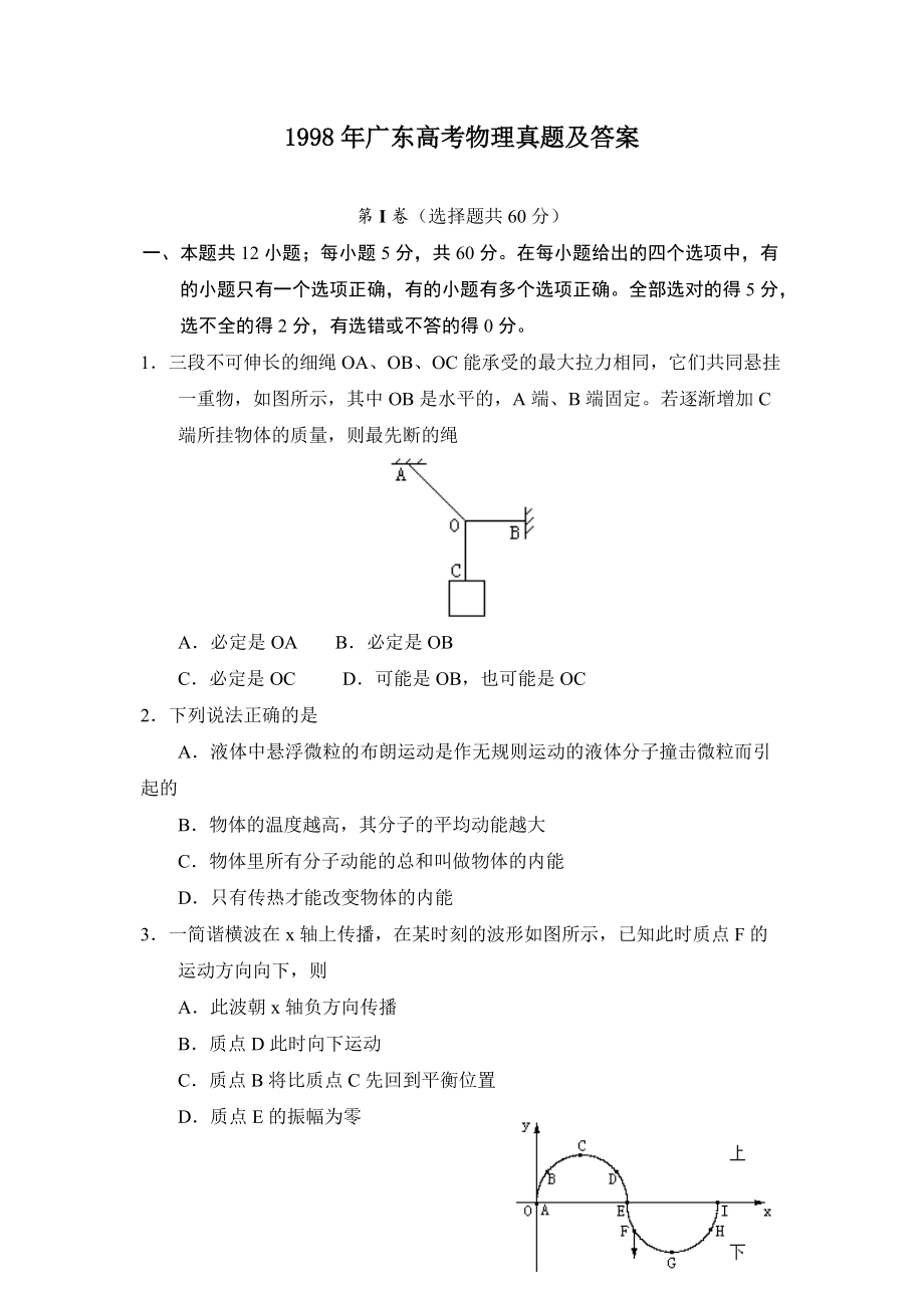 1998年广东高考物理真题及答案_第1页