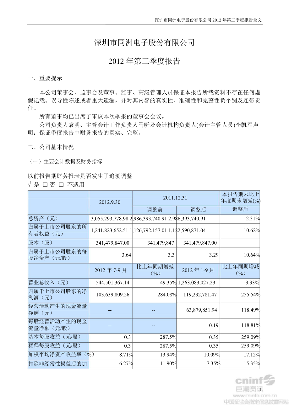 同洲电子：第三季度报告全文_第1页