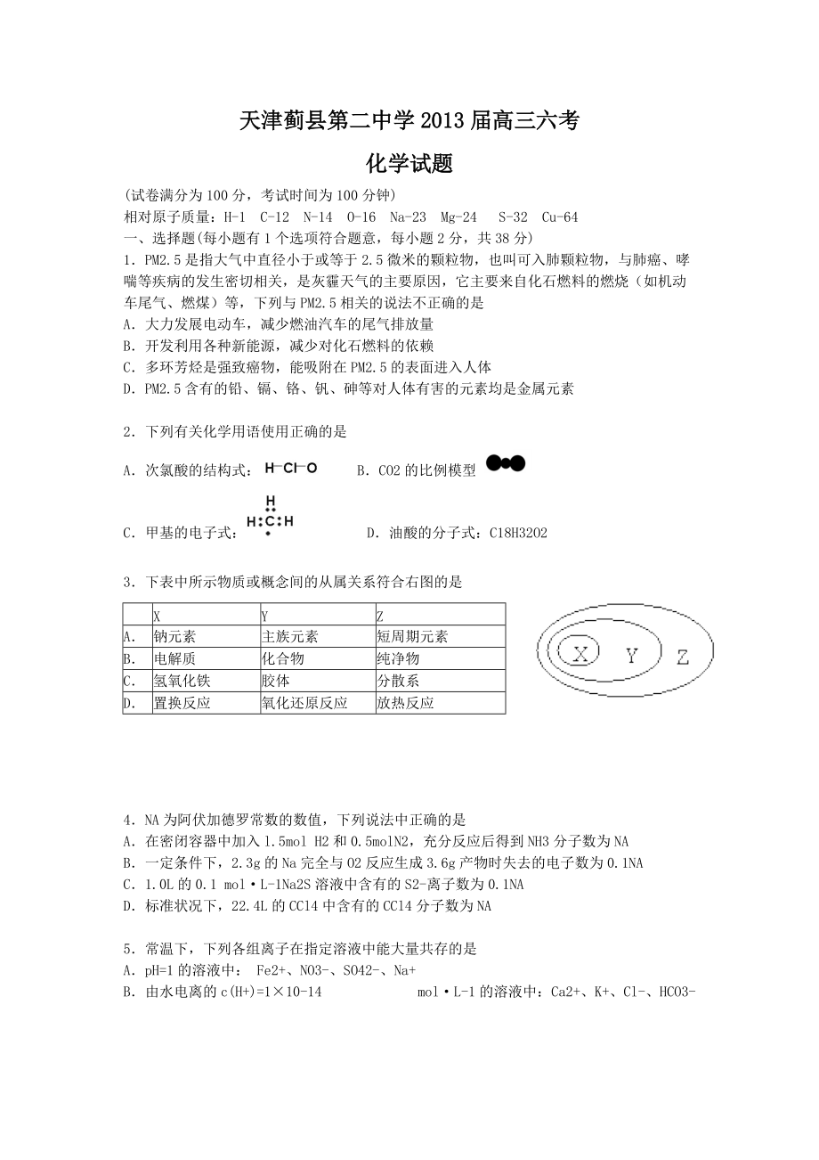 天津市蓟县二中2013届高三第六次月考化学试题_第1页