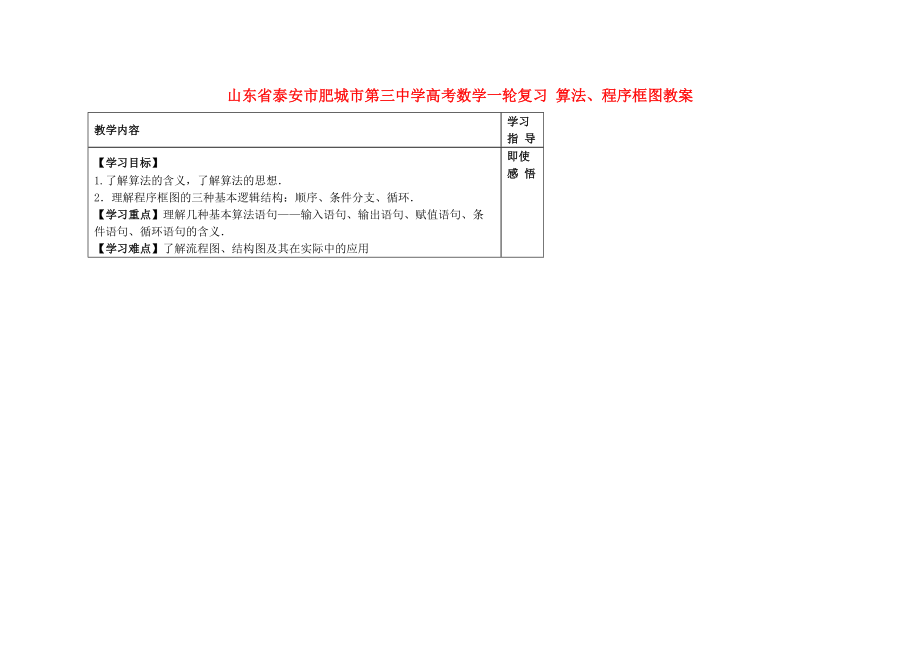 山東省泰安市肥城市第三中學高考數學一輪復習 算法、程序框圖教案_第1頁