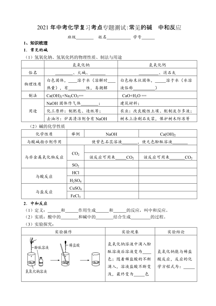 2021年中考化學復習考點專題測試：常見的堿中和反應_第1頁