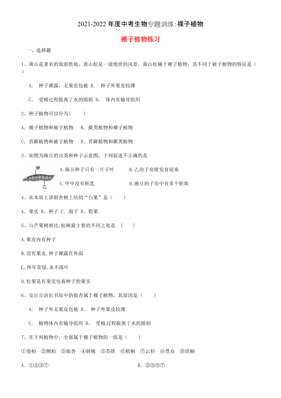 2021-2022年度中考生物专题训练：裸子植物_第1页