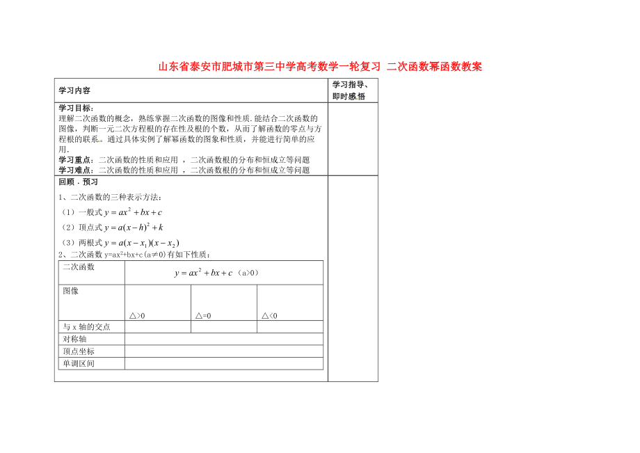 山東省泰安市肥城市第三中學高考數(shù)學一輪復習 二次函數(shù)冪函數(shù)教案_第1頁