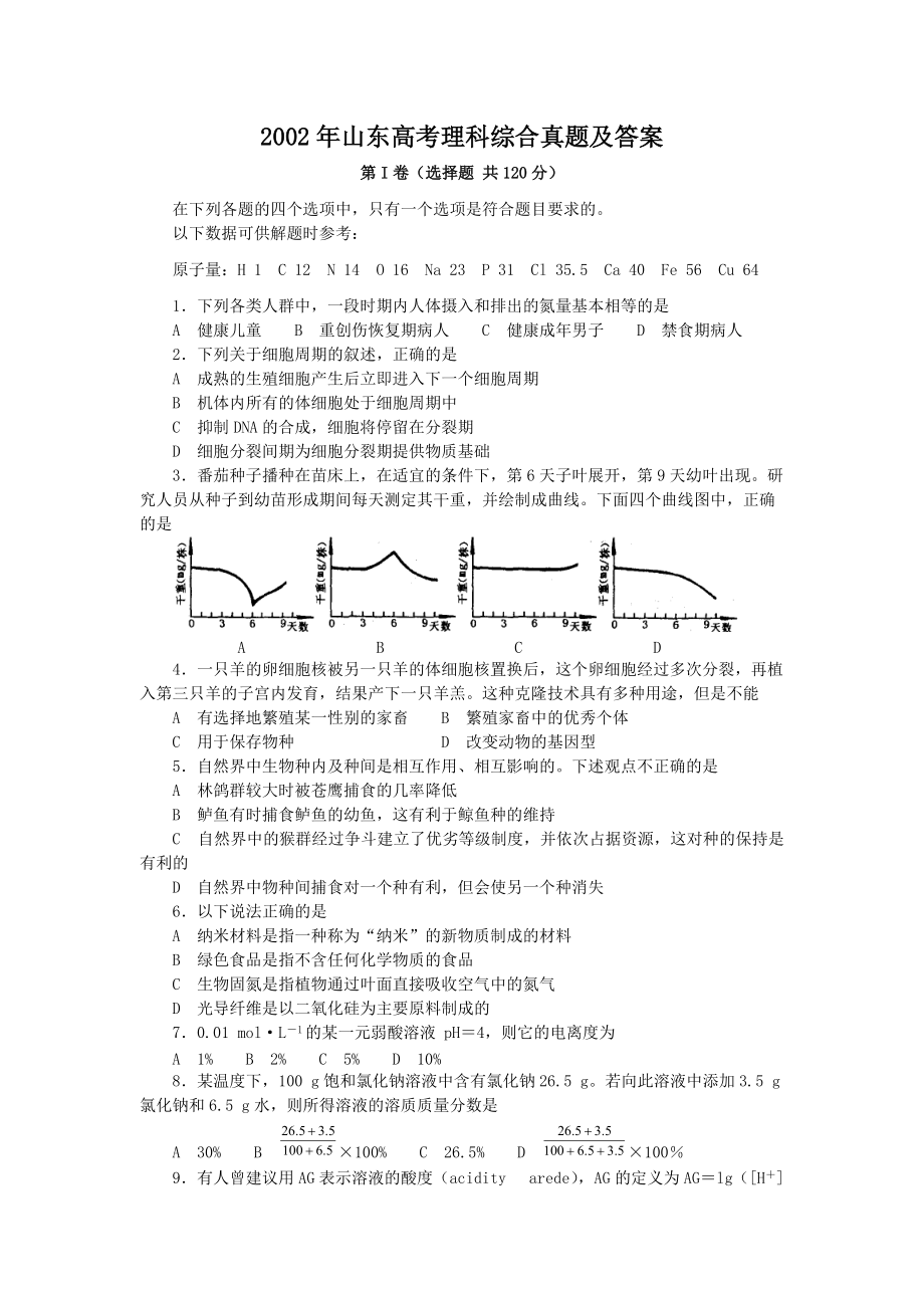 2002年山東高考理科綜合真題及答案_第1頁